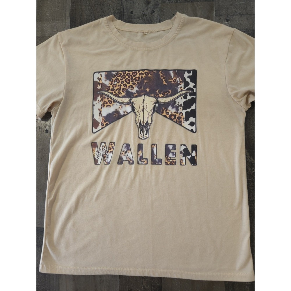 Morgan Wallen Western T-Shirt Beige Bull Skull Cheetah Cow Print Festival Size S